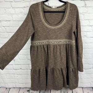 Easel Boho‎ Brown Embroidered Tiered Mini Dress Long Sleeve Babydoll Size Medium